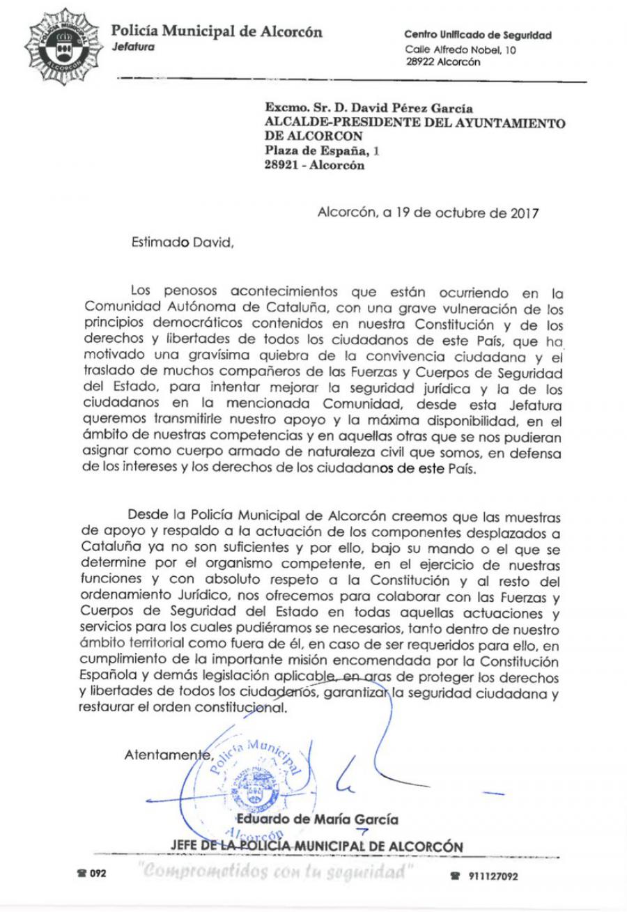 .@PoliciaAlcorcon ofrece su colaboración a las #Fuerzas y #Cuerpos de #Seguridad del Estado en #Cataluña