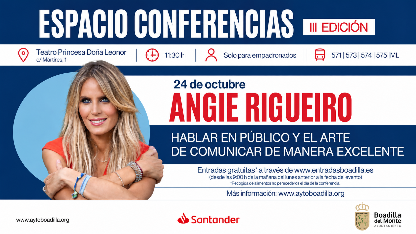 DISPONIBLES LAS ENTRADAS PARA LA CONFERENCIA DE ANGIE RIGUEIRO, QUE SERÁ EN EL TEATRO PRINCESA DOÑA LEONOR