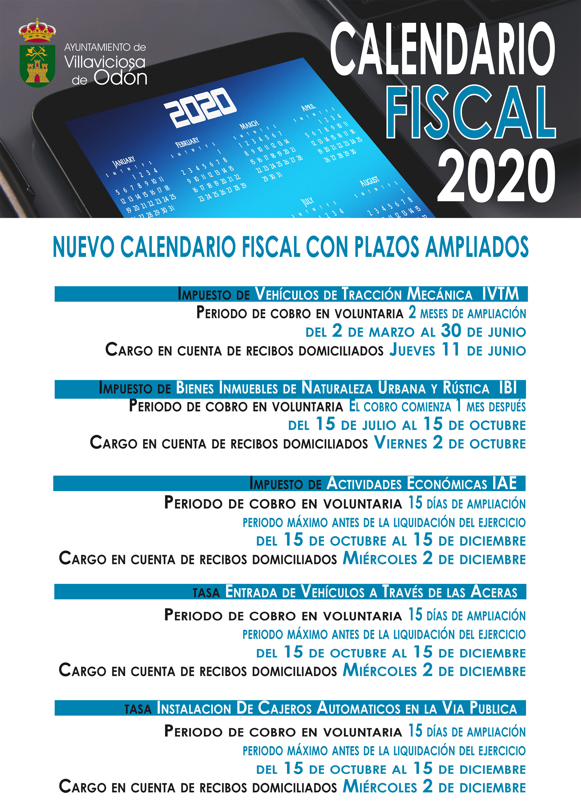Texto Alternativo: El calendario fiscal de 2020 aumenta los plazos de pago de impuestos y tasas