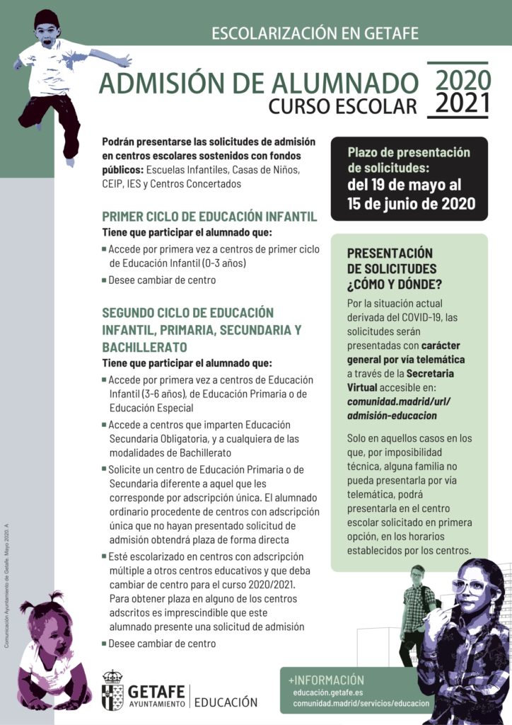 Texto Alternativo: Comienza el periodo de escolarización en centros públicos de Getafe para el próximo curso 2020/21