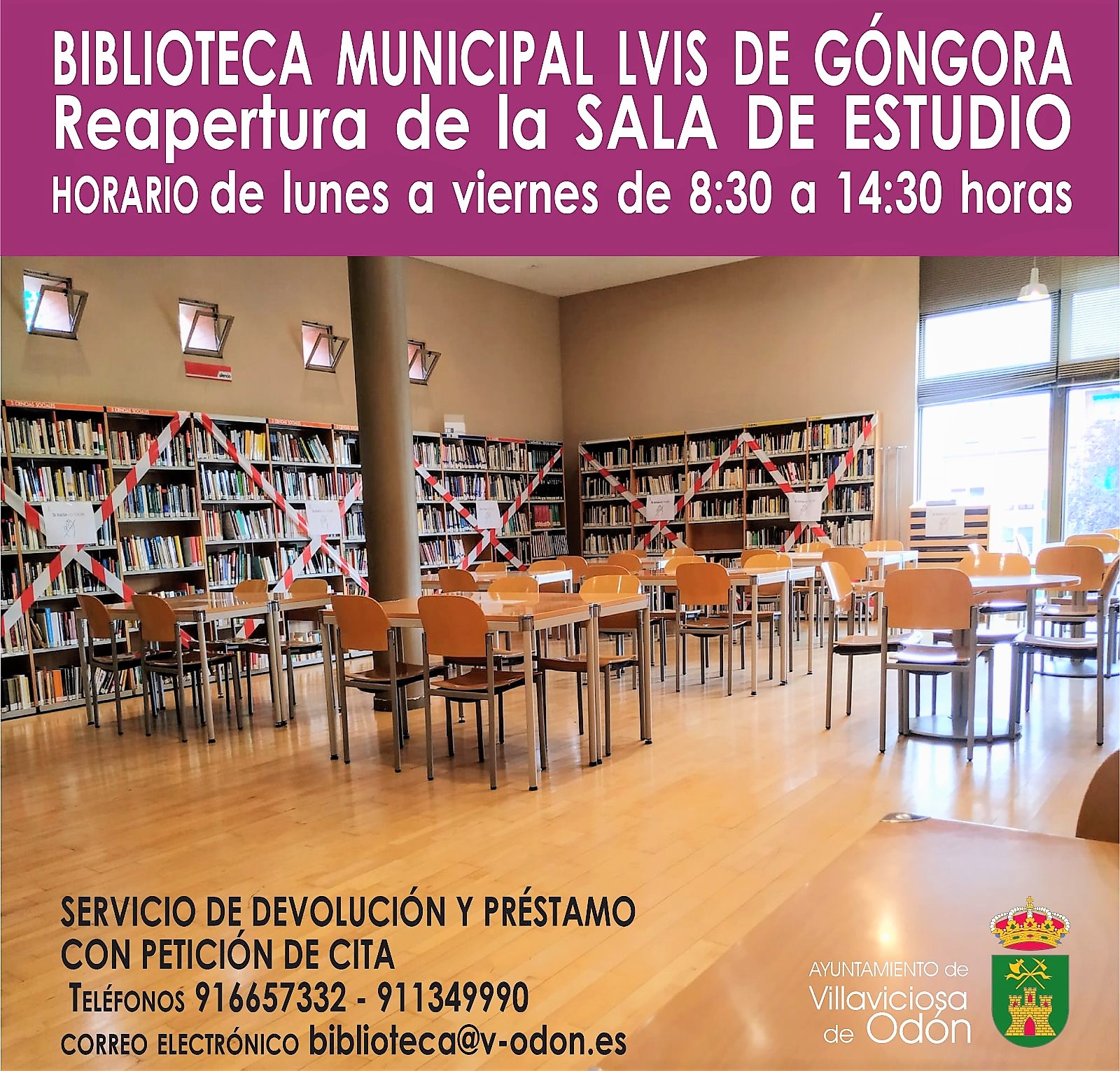 Texto Alternativo: El jueves 25 de junio se reabre la sala de estudio de la biblioteca municipal Luis de Góngora