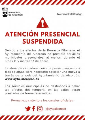 Texto Alternativo: El Ayuntamiento de Alcorcón suspende la atención presencial el lunes 11 y martes 12 de enero