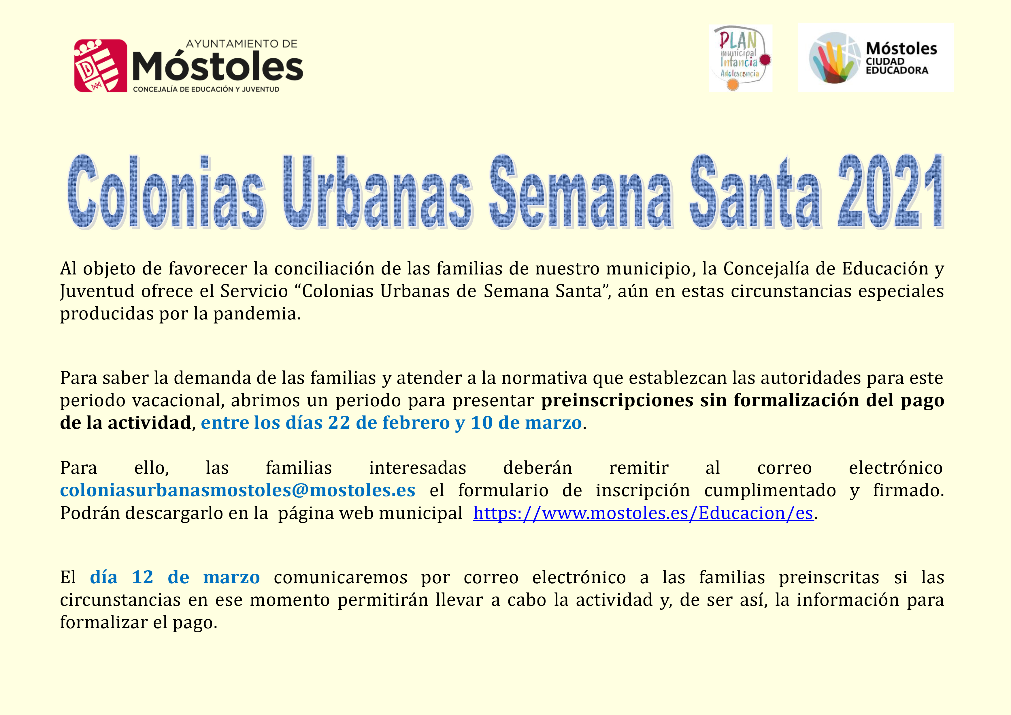Texto Alternativo: Se abre el plazo de inscripción para las Colonias Urbanas de Semana Santa