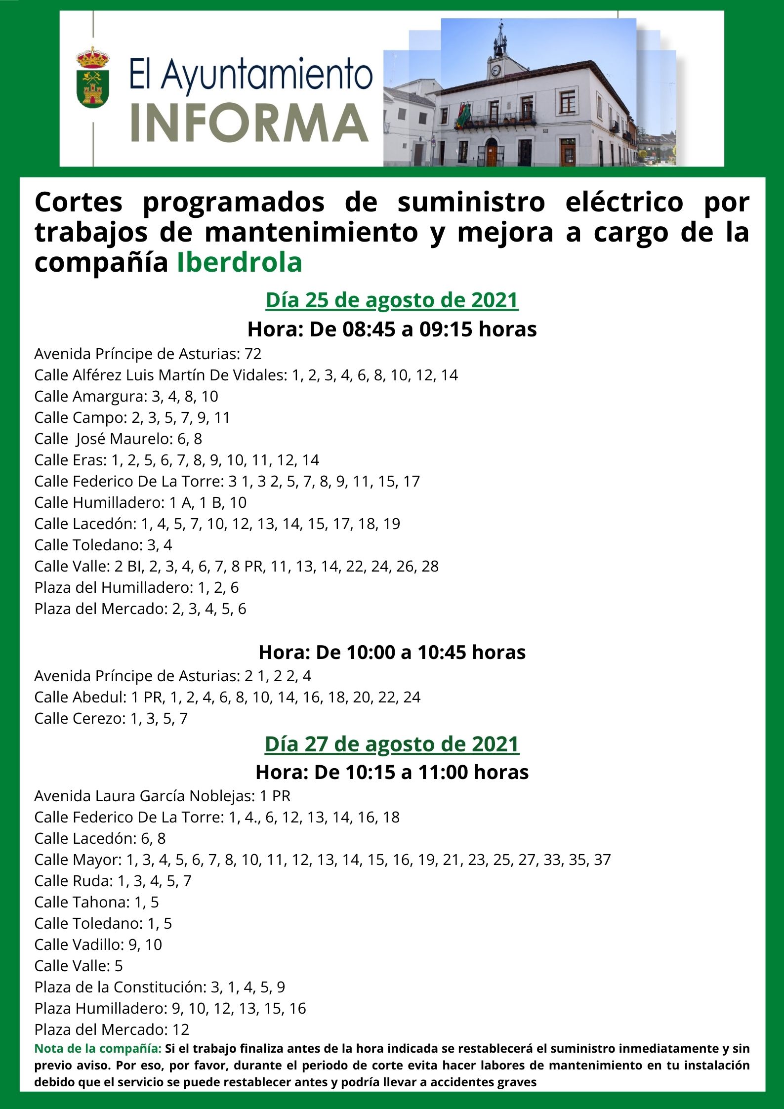 Texto Alternativo: Cortes programados del suministro eléctrico en diversas calles los días 25 y 27 de agosto