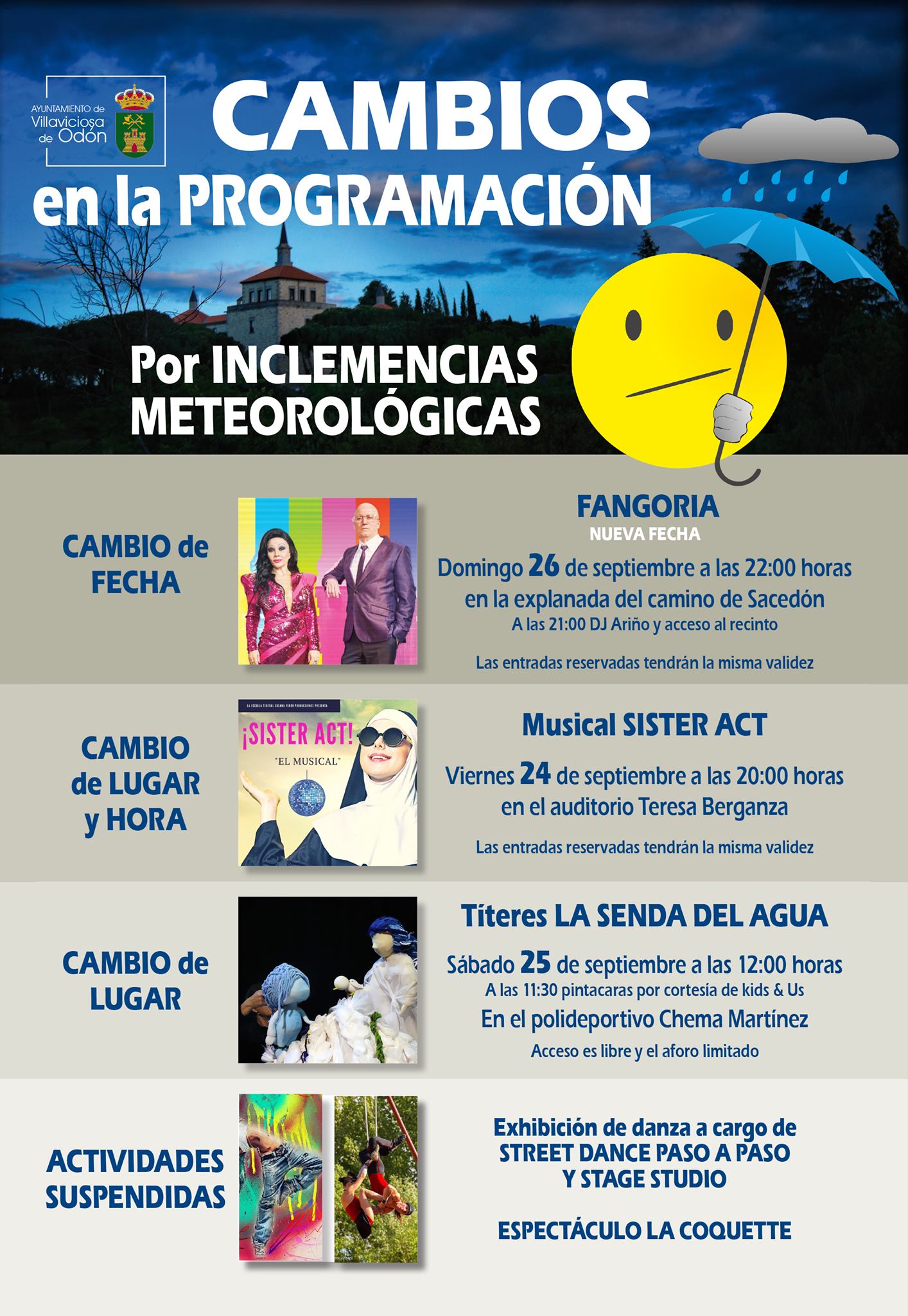Texto Alternativo: Información sobre los espectáculos y actuaciones musicales suspendidas o trasladadas de fecha por las inclemencias meteorológicas