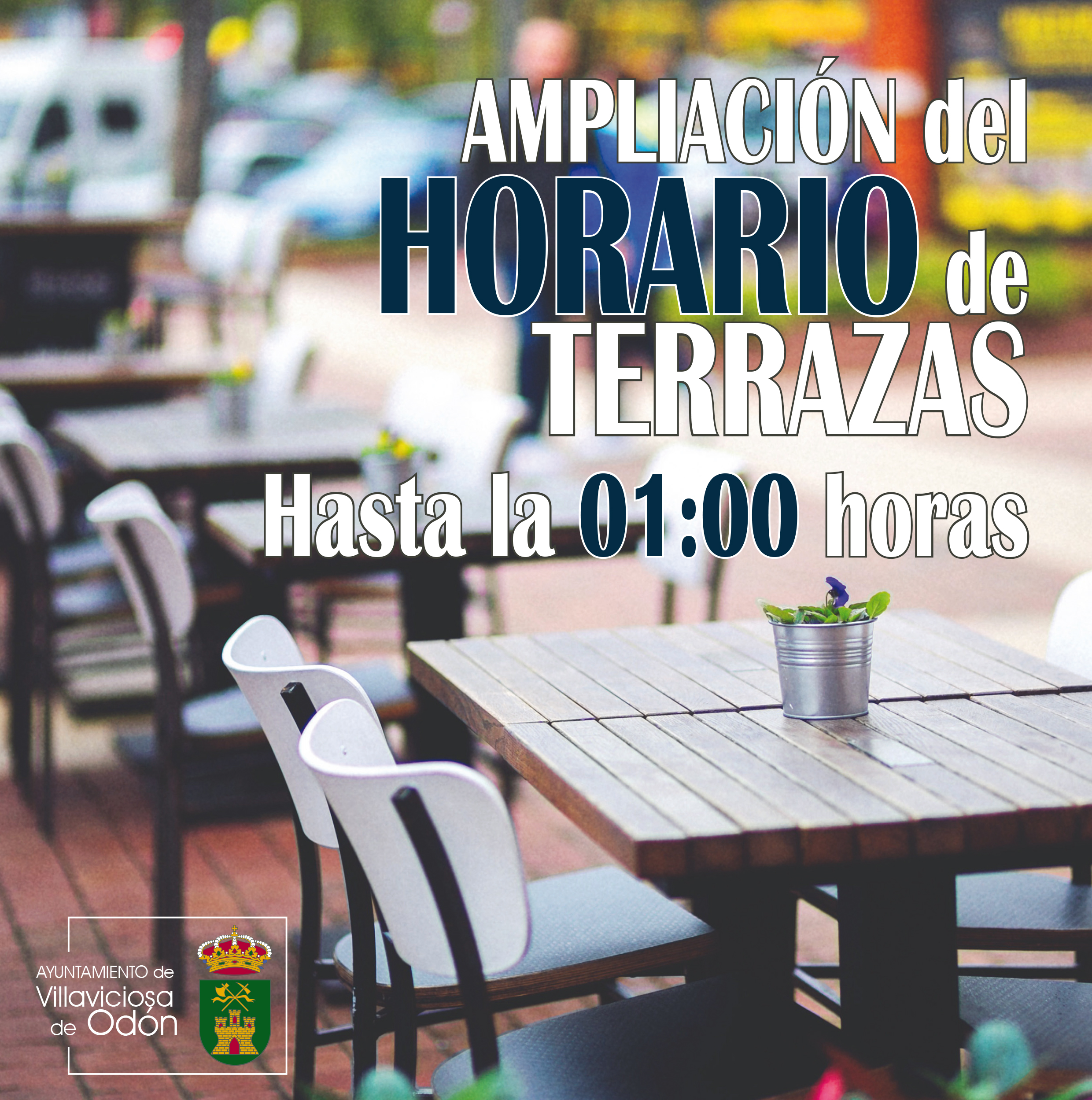 Texto Alternativo: El Ayuntamiento de Villaviciosa de Odón se acoge la orden de la Comunidad de Madrid para ampliar el horario de las terrazas a la 01:00 de la madrugada