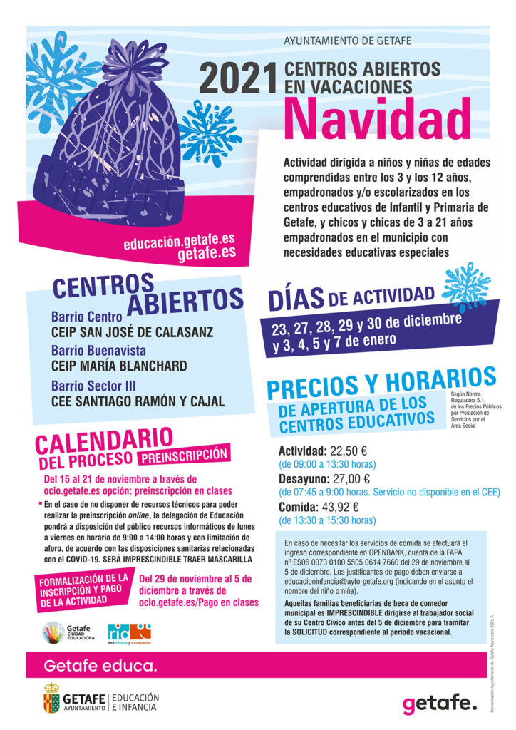 Texto Alternativo: Getafe abre el plazo de preinscripción para los Centros Abiertos en Vacaciones de Navidad 2021
