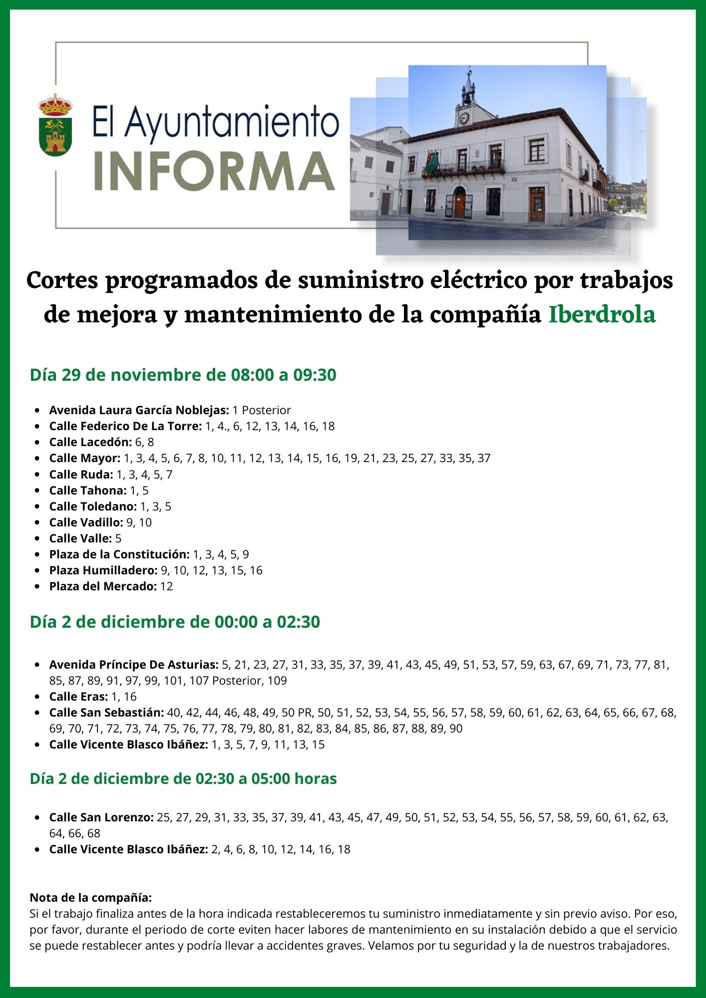 Texto Alternativo: Cortes programados del suministro eléctrico en diversas calles los días 29 de noviembre y 2 de diciembre