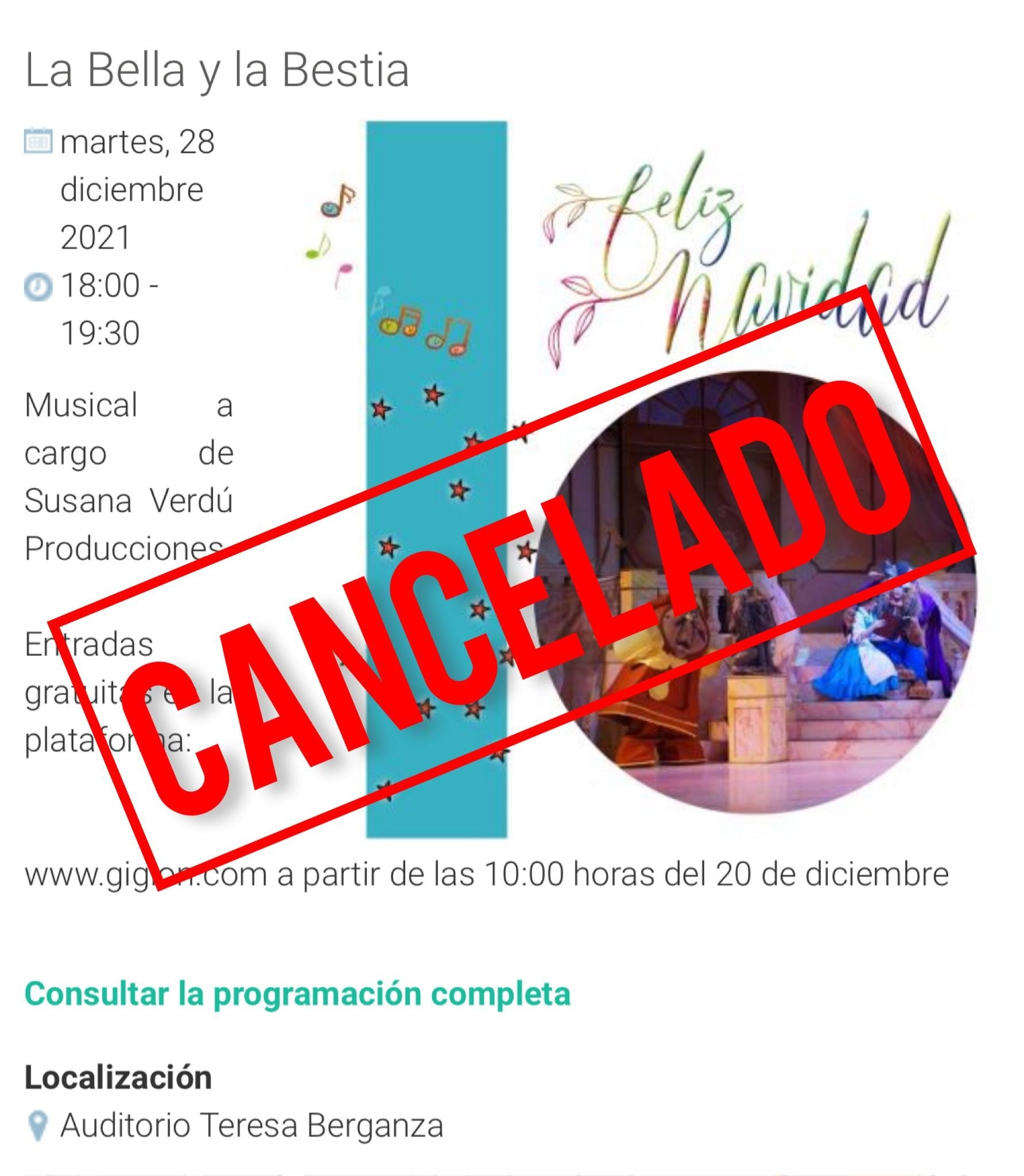 Texto Alternativo: Cancelado el musical La Bella y la bestia