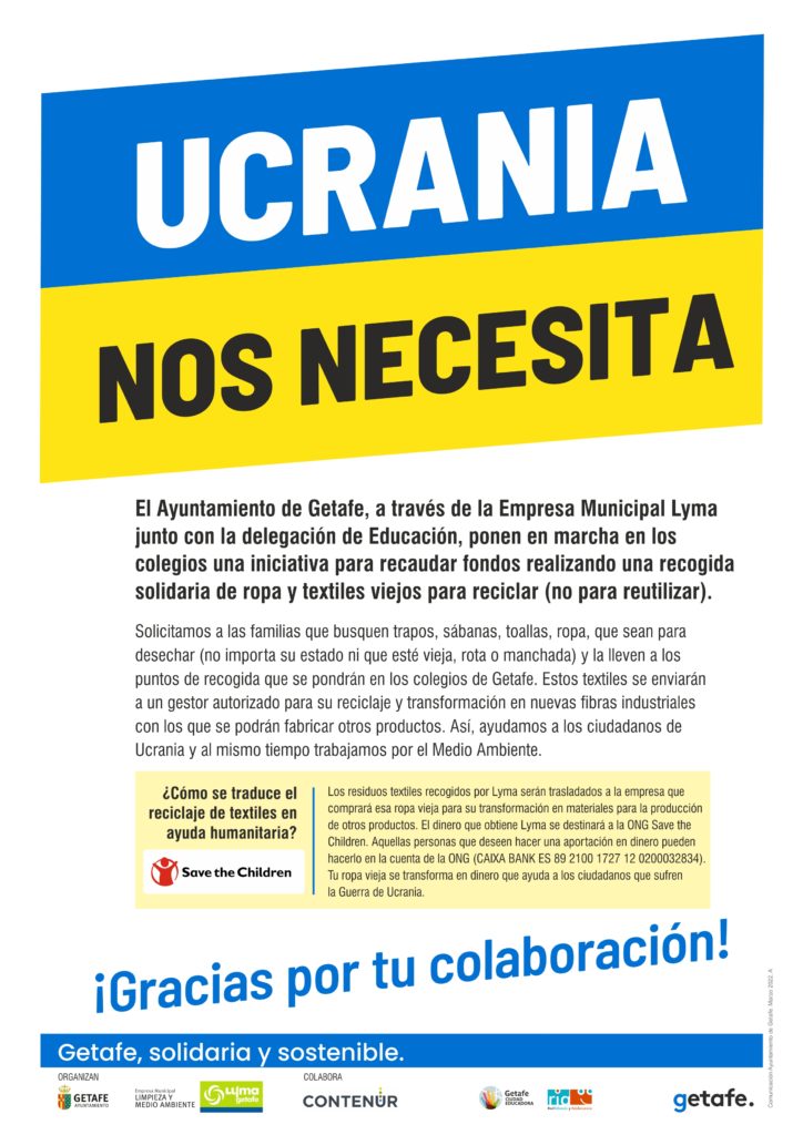Texto Alternativo: Getafe recogerá ropa y textiles viejos para reciclar y los beneficios serán para Ucrania