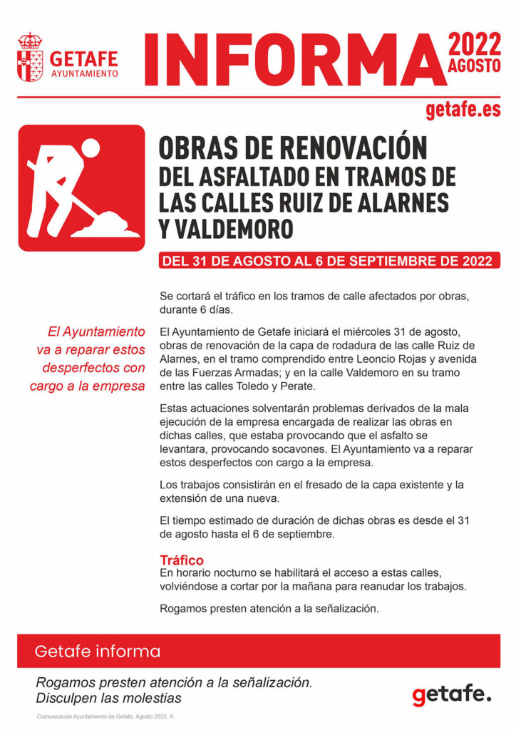 Texto Alternativo: Obras de renovación del asfaltado en tramos de las calles Ruiz de Alarnes y Valdemoro