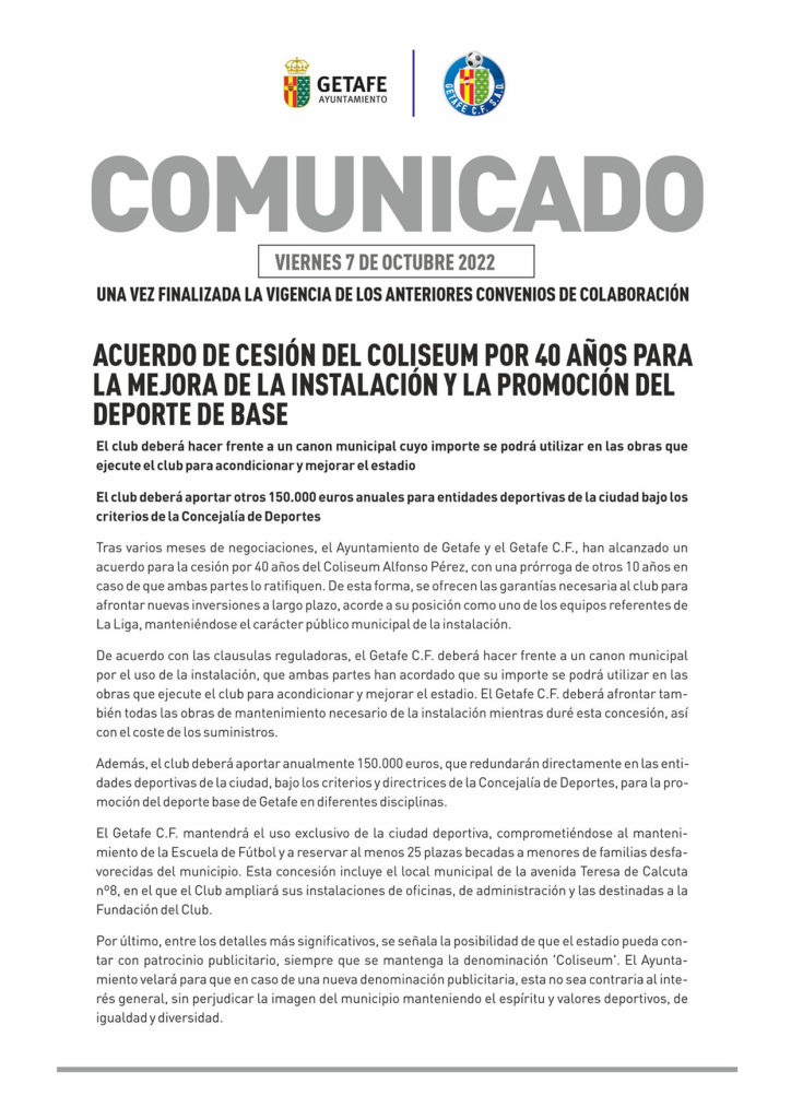 Texto Alternativo: Acuerdo entre Ayuntamiento y Getafe C.F. para la cesión del Coliseum