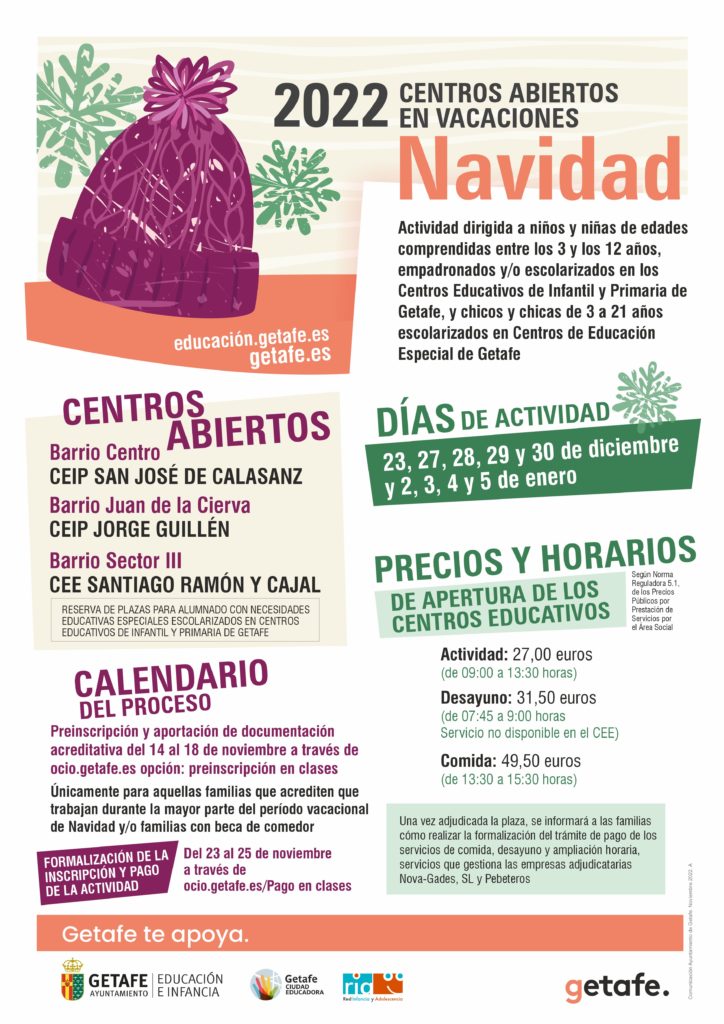 Texto Alternativo: Getafe abre el plazo de preinscripción en los Centros Abiertos en Vacaciones de Navidad 2022