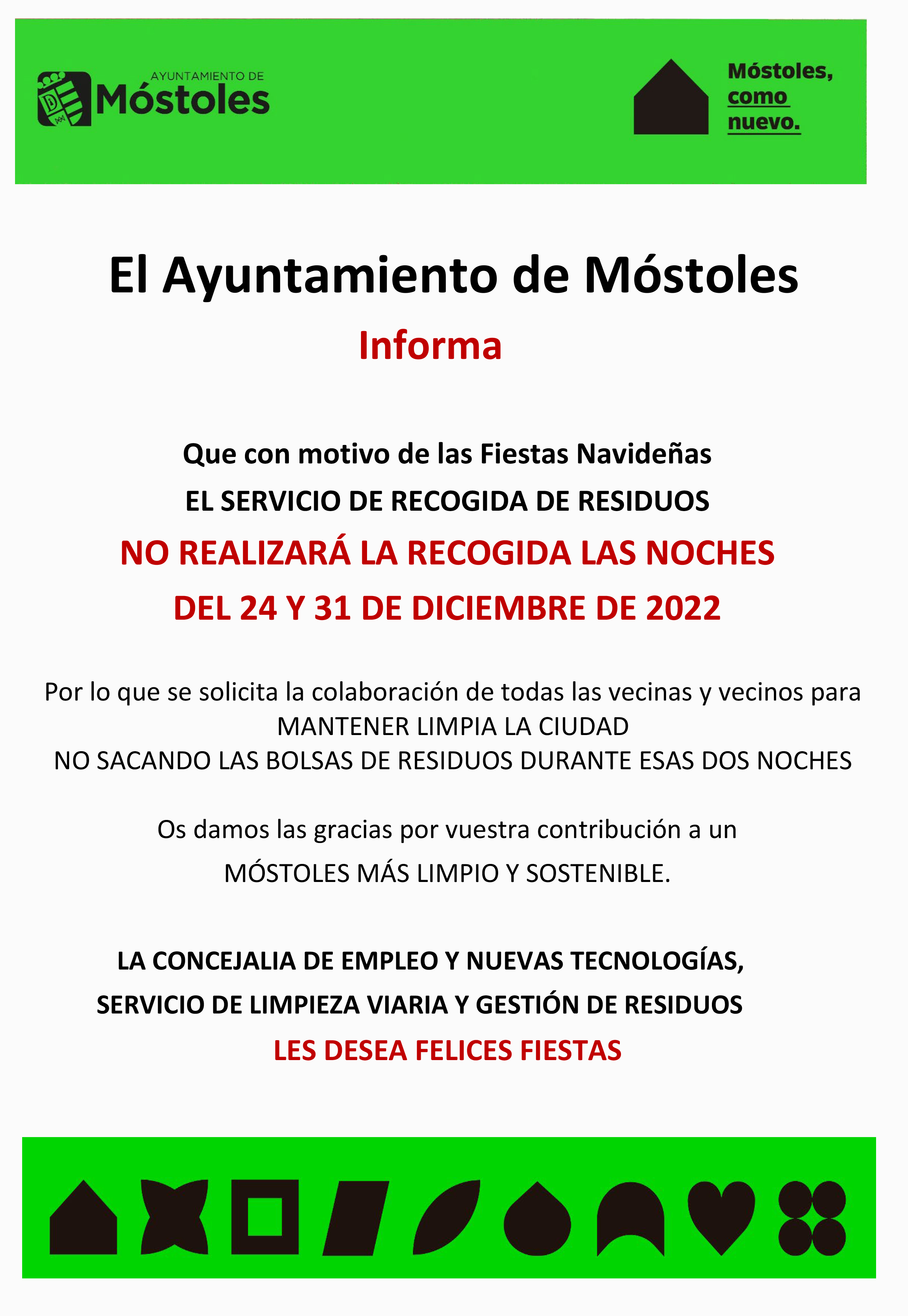 Texto Alternativo: Las basuras no se recogerán en Móstoles las noches del 24 y 31 de diciembre