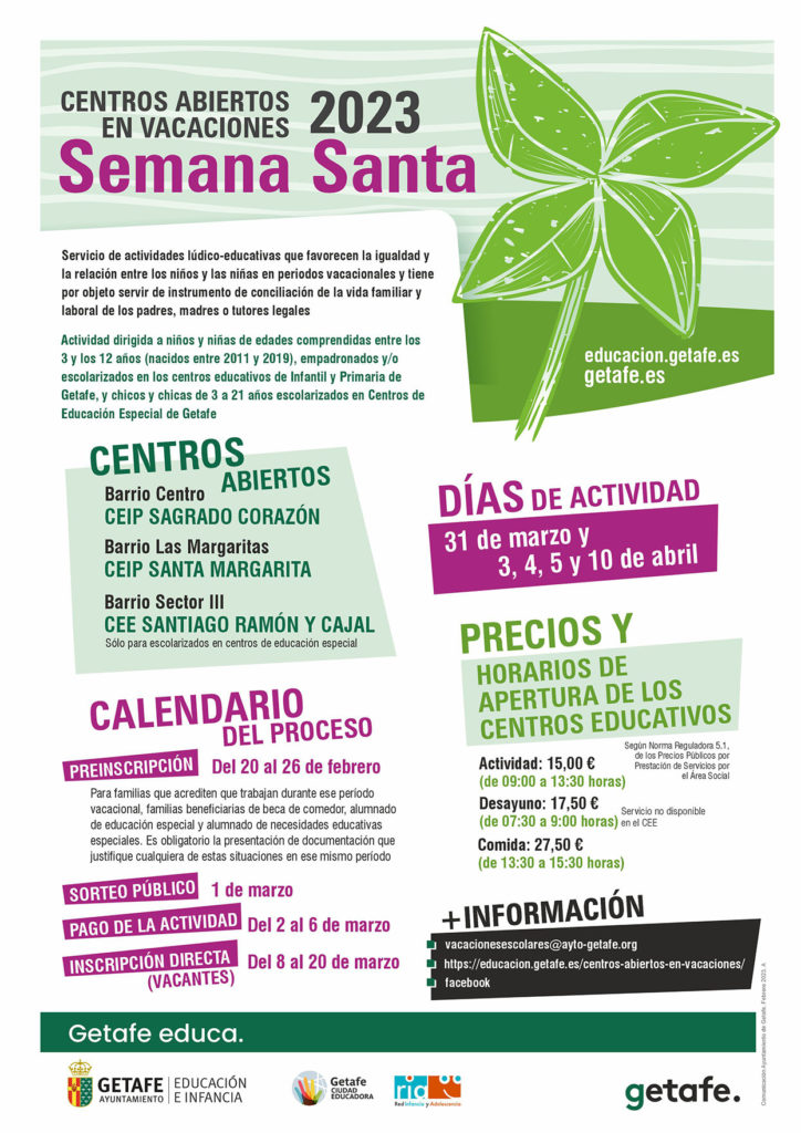 Texto Alternativo: El próximo lunes 20 de febrero comienza la preinscripción para los Centros Abiertos en vacaciones de Semana Santa 2023