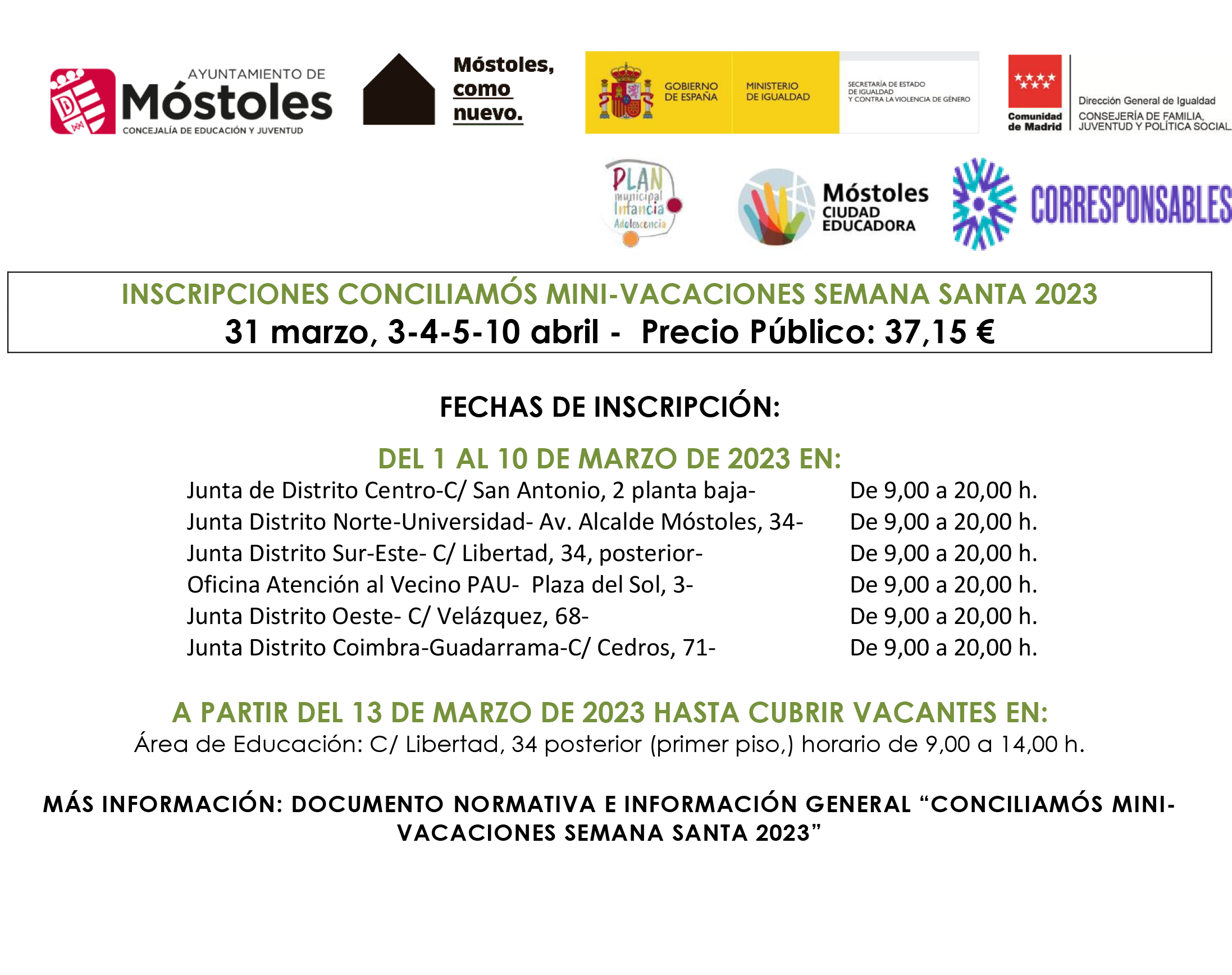 Texto Alternativo: Móstoles abre el 1 de marzo el plazo para las inscripciones en las colonias urbanas ConciliaMós Minivacaciones de Semana Santa
