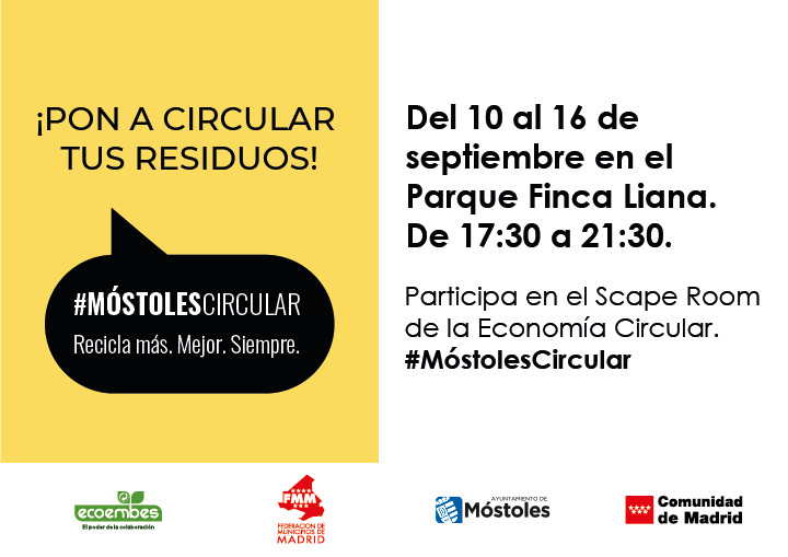 Texto Alternativo: El Ayuntamiento de Móstoles junto con Ecoembes pone en marcha la campaña ¡Pon a circular tus residuos! Recicla más. Mejor. Siempre sobre la economía circular y el reciclaje de residuos