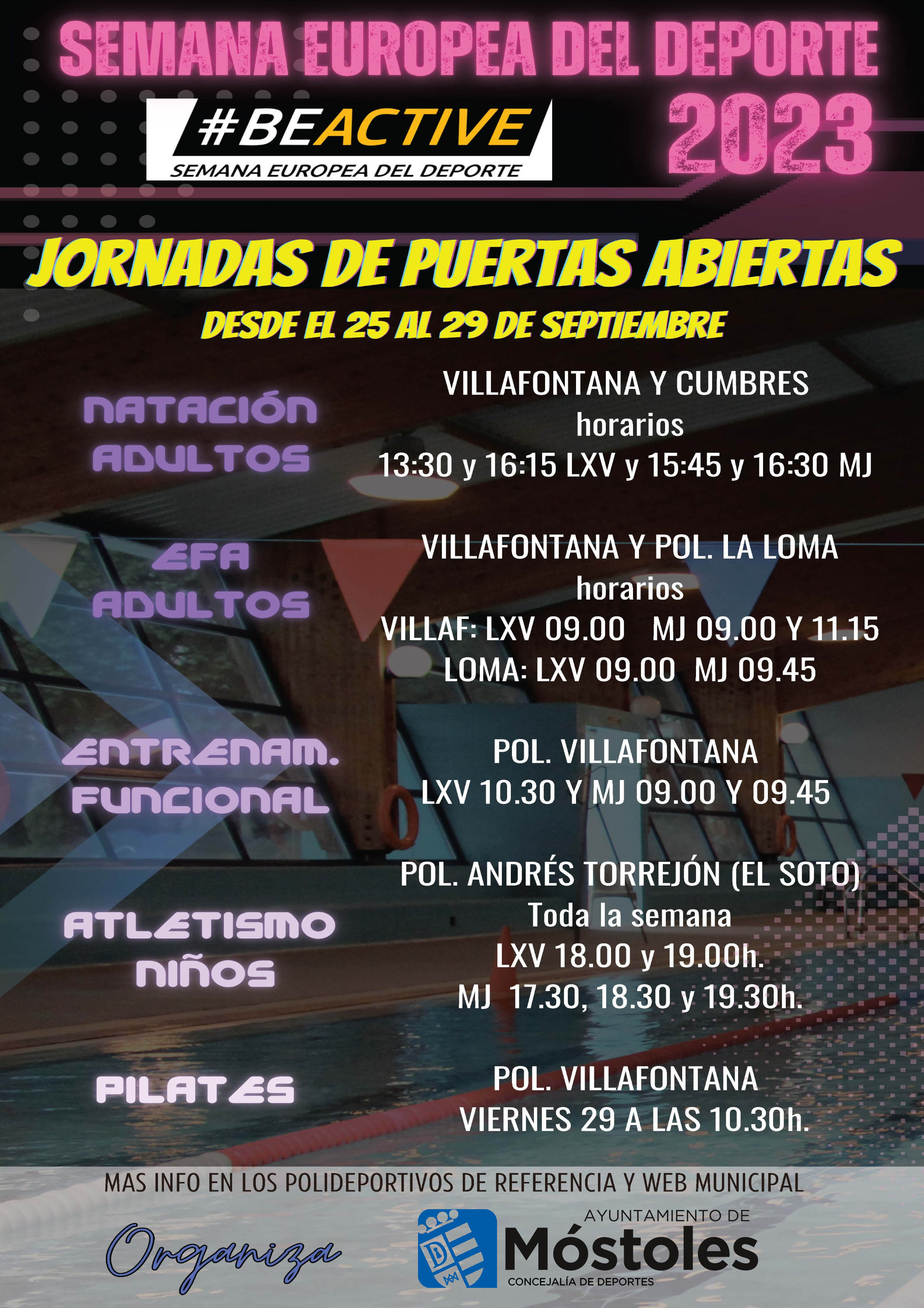 Texto Alternativo: Móstoles se suma a la Semana Europea del Deporte con jornadas de puertas abiertas de natación, pilates, entrenamiento funcional y atletismo
