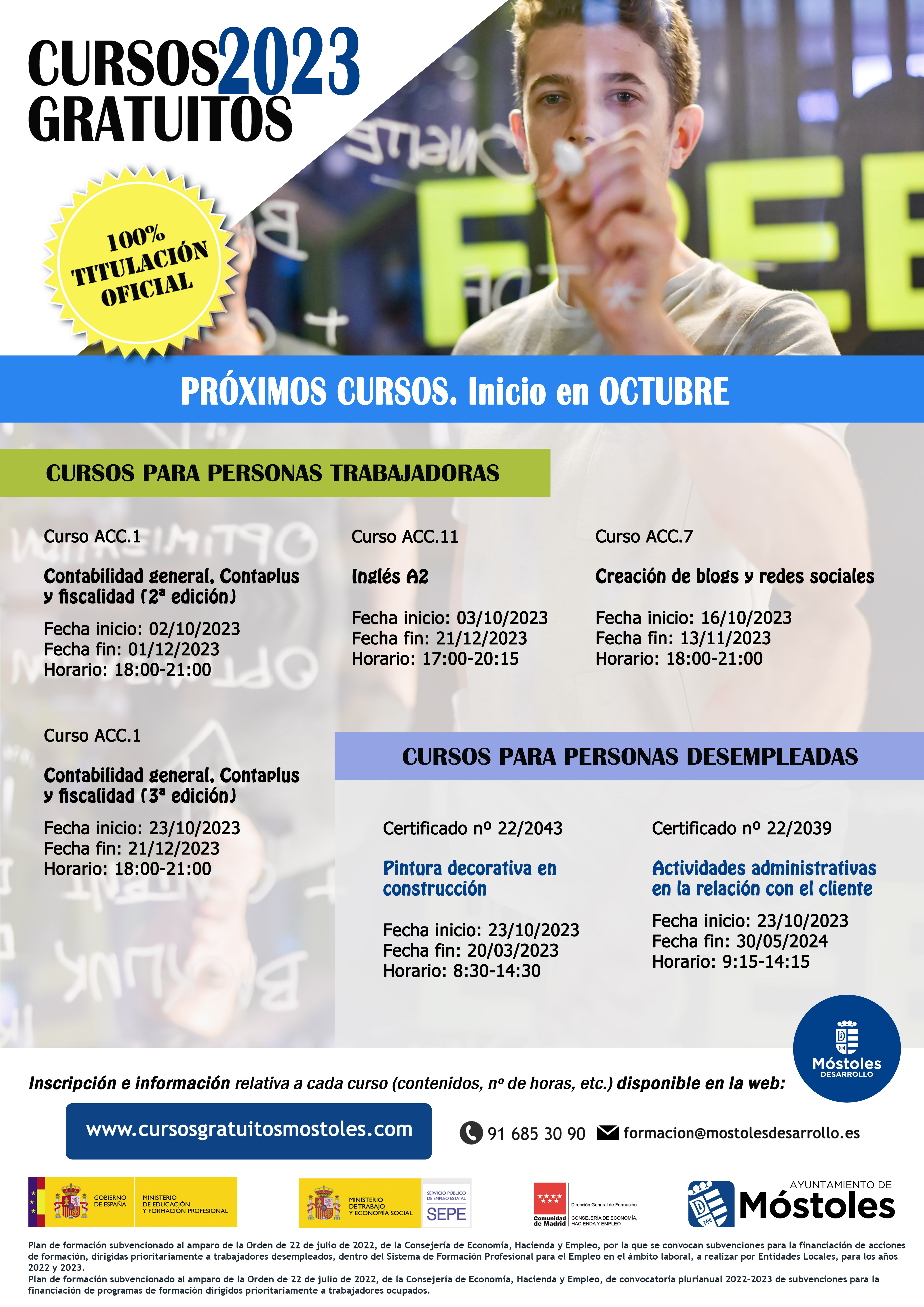Texto Alternativo: Más de 80 personas en situación de desempleo y ocupadas podrán formarse en octubre con los cursos gratuitos de Móstoles Desarrollo