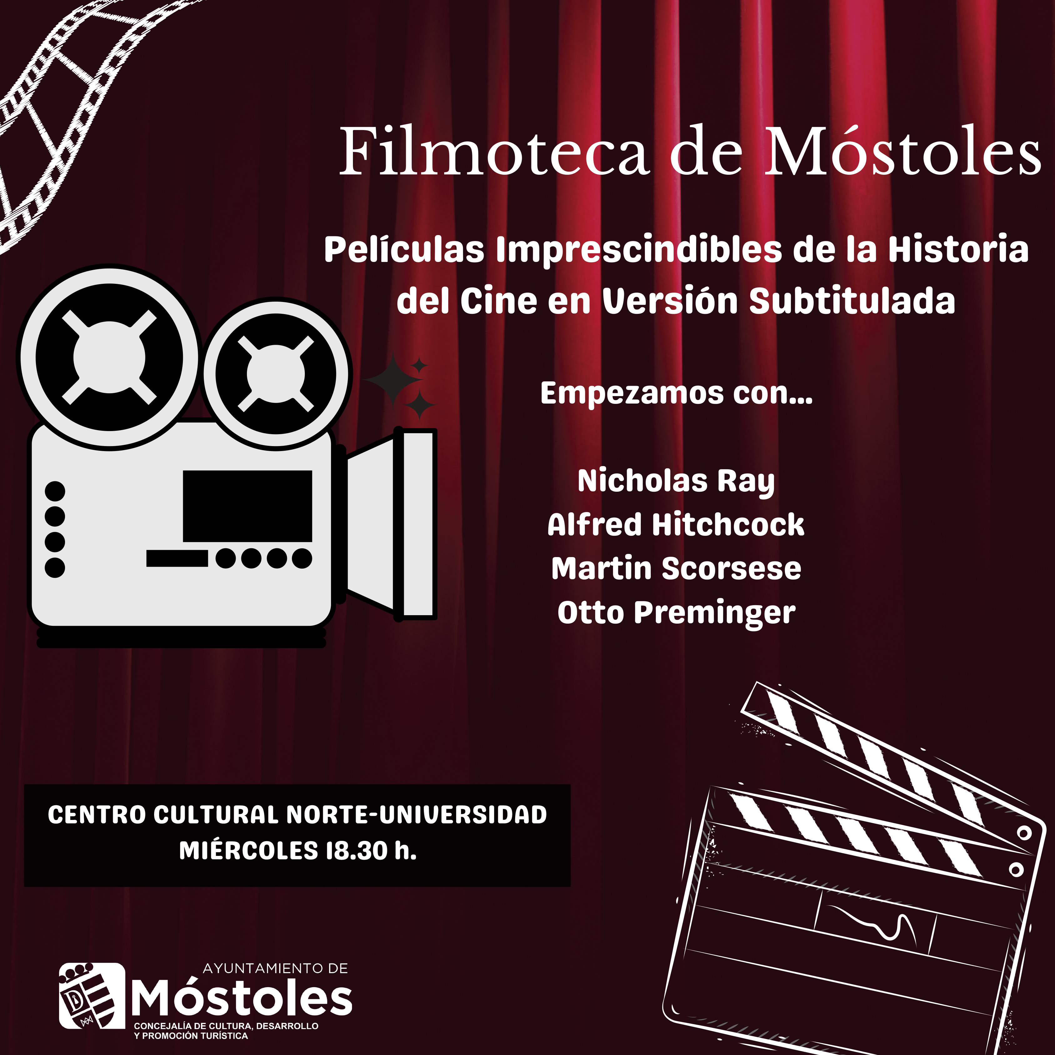 Texto Alternativo: Los cineastas Alfred Hitchcock, Martin Scorsese, Nicholas Ray y Otto Preminger llegan a Móstoles de la mano de Filmoteca
