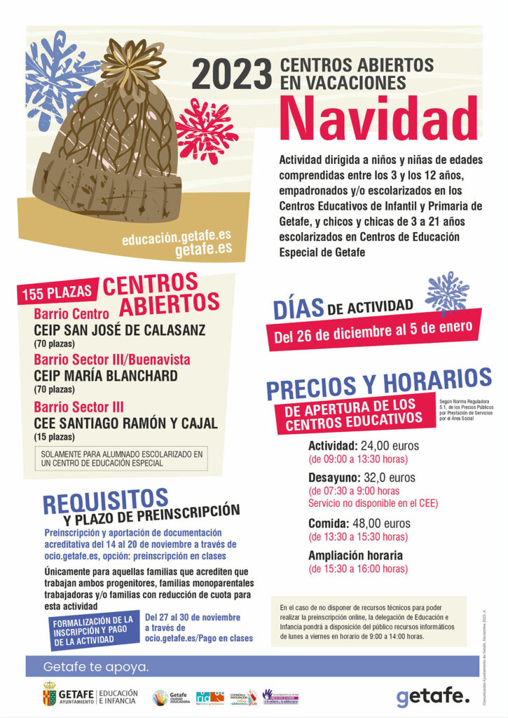 Texto Alternativo: Getafe abre el plazo de preinscripción en los Centros Abiertos en Vacaciones de Navidad 2023