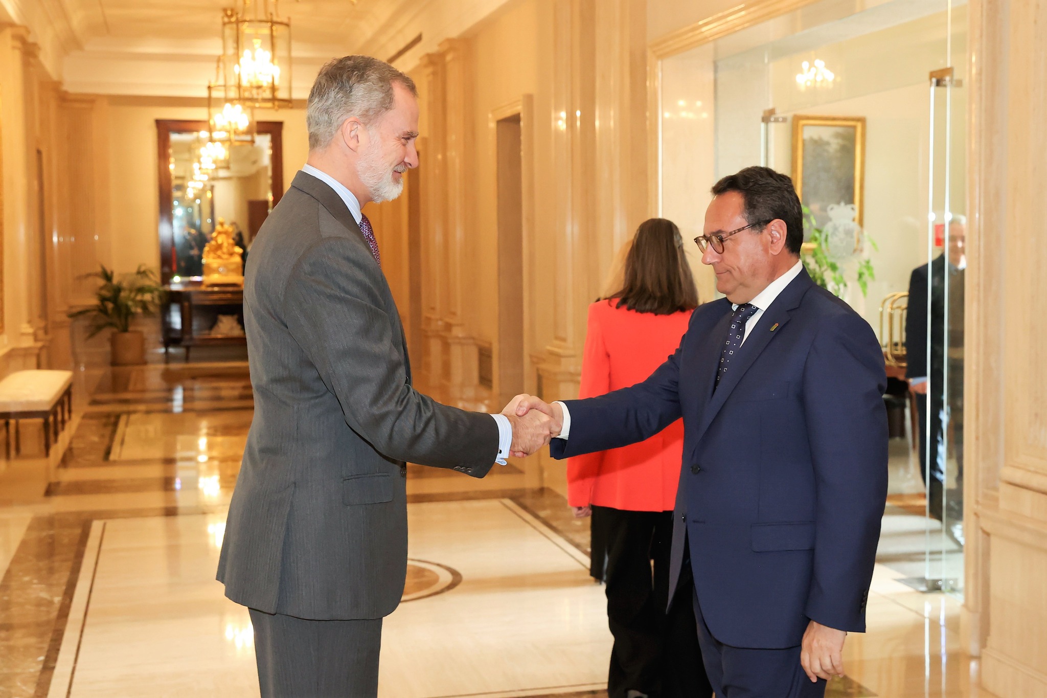 Texto Alternativo: Su Majestad el Rey Don Felipe recibe al alcalde y a una representación de la Escuela Técnica Superior de Ingeniería de Montes en su 175 aniversario