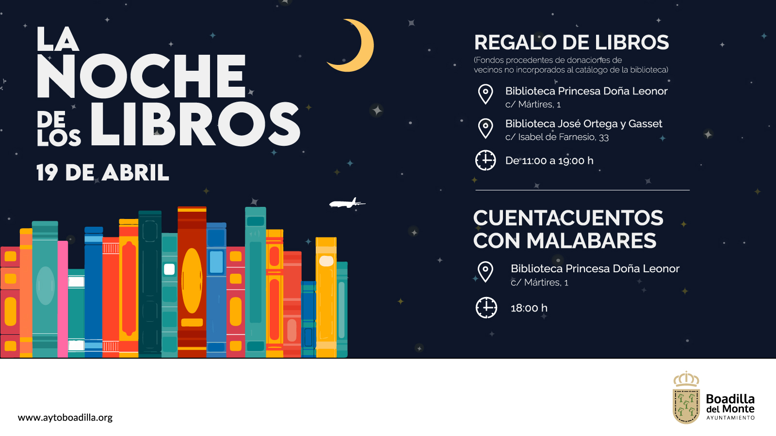 Texto Alternativo: Boadilla celebrará el próximo viernes La Noche de los Libros regalando ejemplares en las bibliotecas del municipio