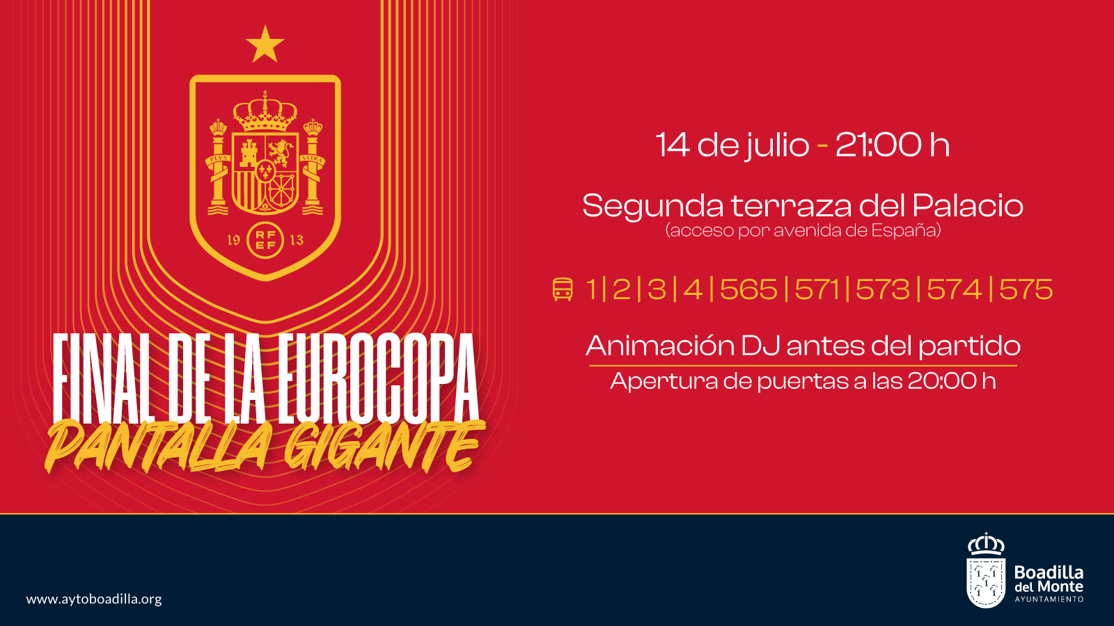 Texto Alternativo: Boadilla instalará una pantalla gigante en la segunda terraza del Palacio para ver la final de la Eurocopa
