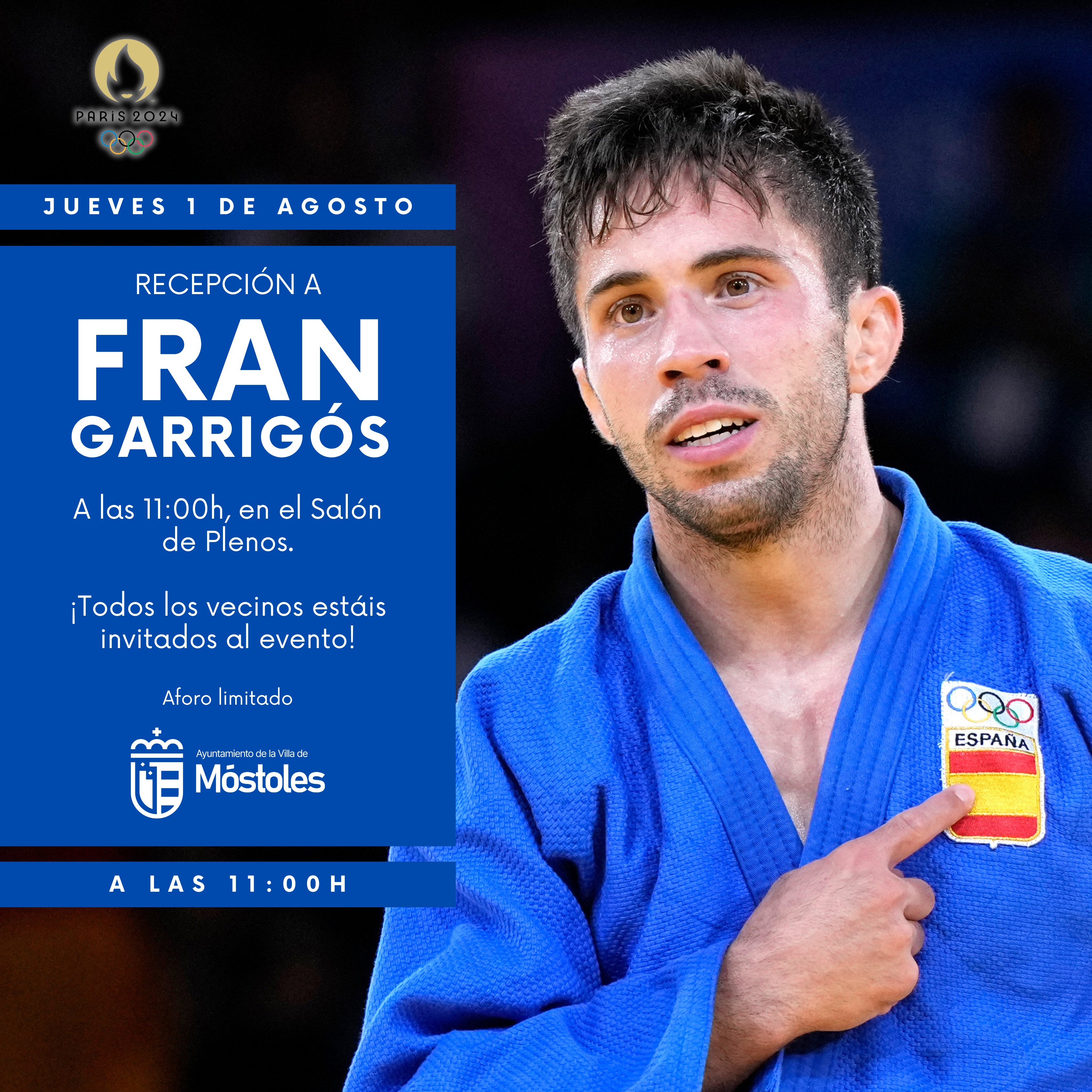 Texto Alternativo: El Ayuntamiento de Móstoles recibe al primer medallista olímpico de París 2024, Fran Garrigós