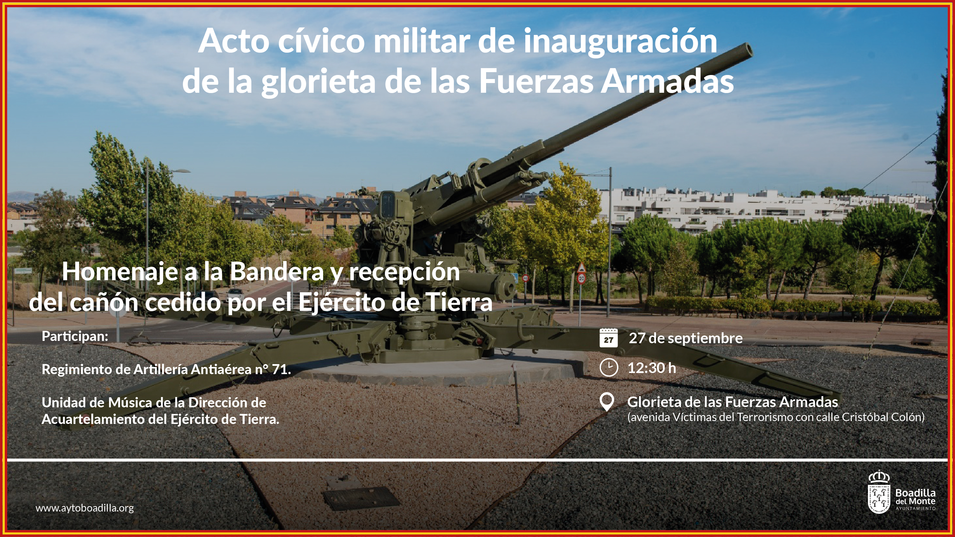 Texto Alternativo: Boadilla instala en la glorieta de las Fuerzas Armadas un cañón antiaéreo cedido por el Ejército de Tierra