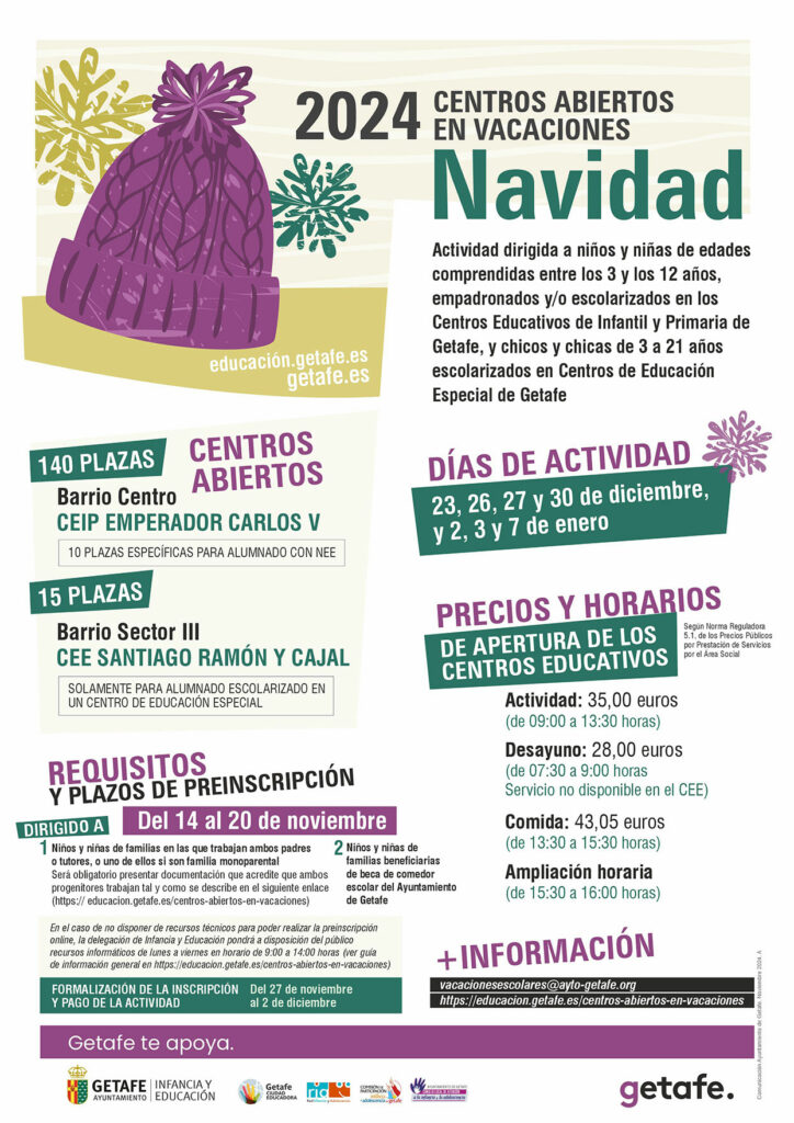 Texto Alternativo: Getafe abre el plazo de preinscripción en los Centros Abiertos en Vacaciones de Navidad 2024