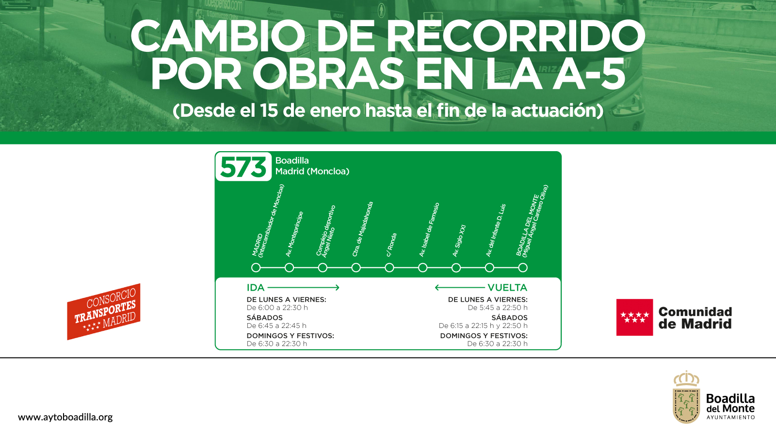 Texto Alternativo: La línea 573 cambia parte del recorrido y los horarios del fin de semana y festivos por las obras de la A-5