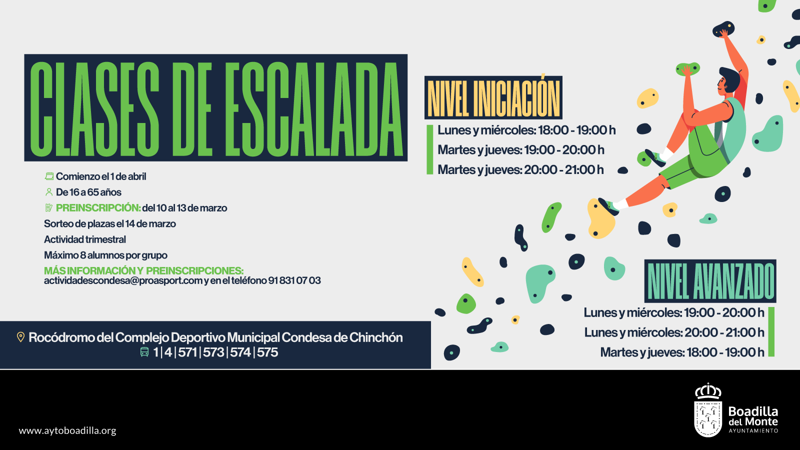 Texto Alternativo: El Ayuntamiento ofrece clases de escalada en el rocódromo del CD Condesa de Chinchón