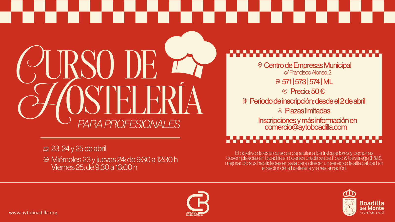 Texto Alternativo: Boadilla organiza un Curso de Hostelería F&B destinado a profesionales del sector