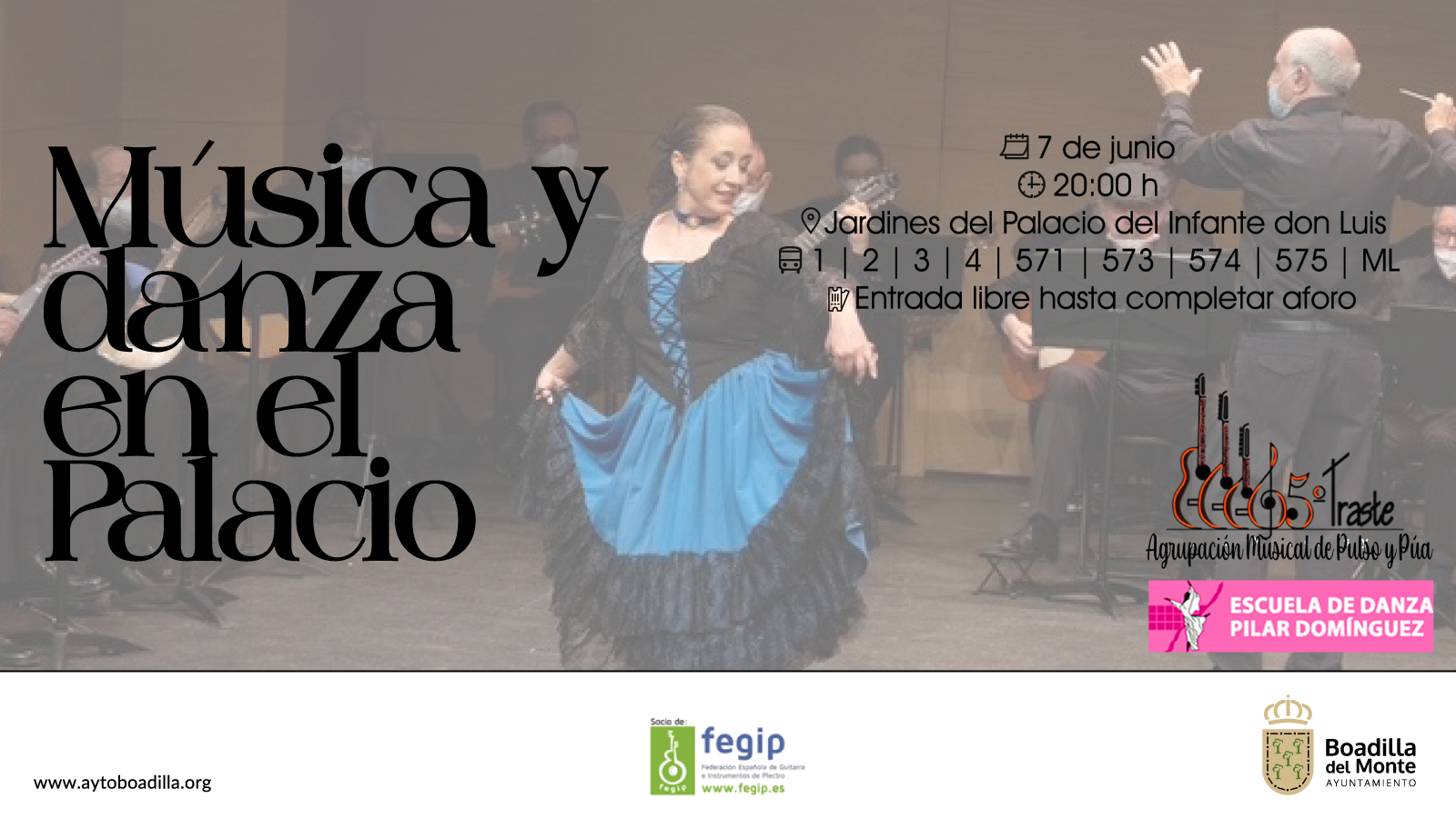 Texto Alternativo: El ballet de Pilar Domínguez y la Agrupación Musical Pulso y Púa 5º Traste presentan Música y Danza en el Palacio
