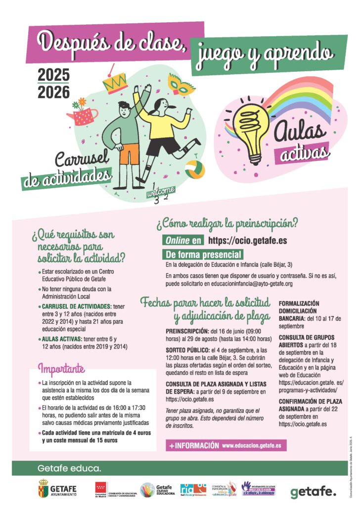 Texto Alternativo: Getafe abre las preinscripciones de las actividades extraescolares del curso 2025/2026 con 1.600 plazas